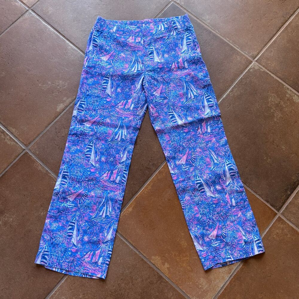 Lily Pulitzer Euro Summer Coastal Linen Pull-On Pants with Sailboat Print size L